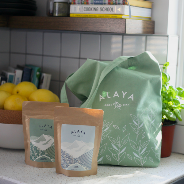 The Alaya Best Seller Bundle: Assam Orthodox Black tea, Fresh Mint, and an organic tote bag.