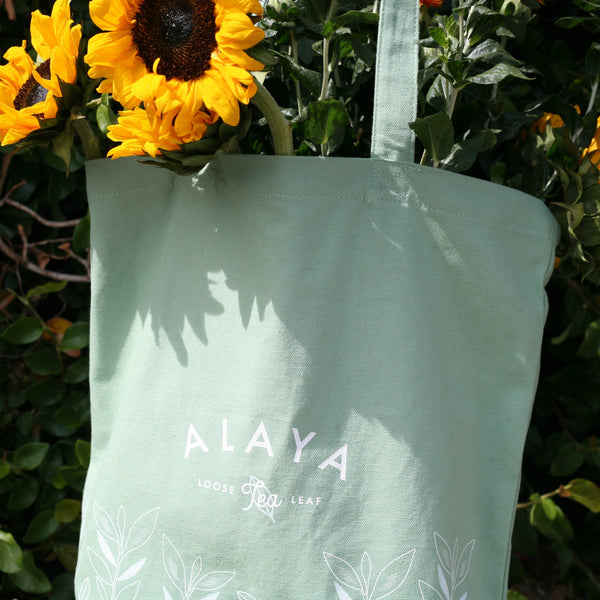Alaya Tea cotton tote bag close up.